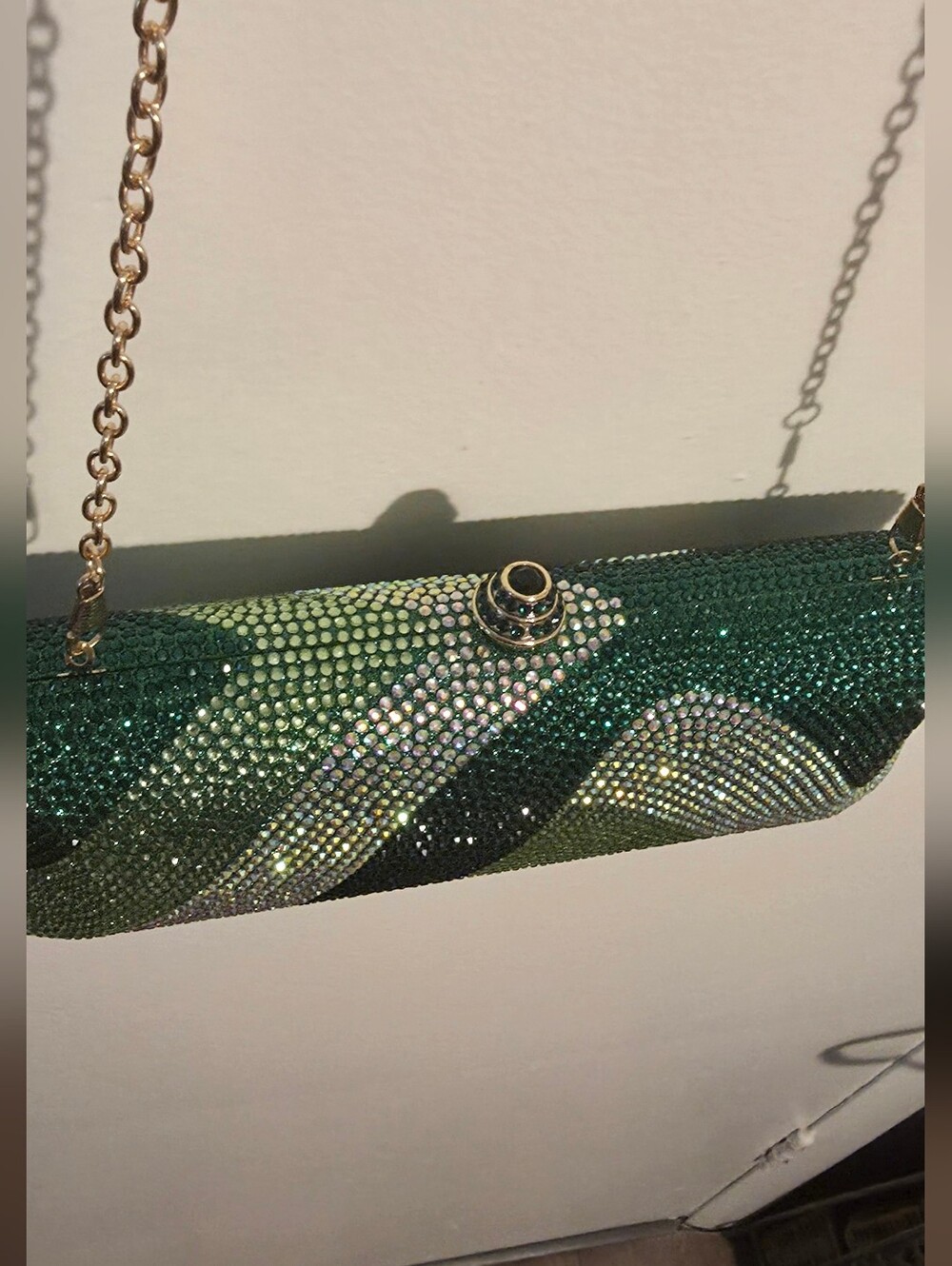 Green Crystal-Embellished Evening Clutch with Chain Strap